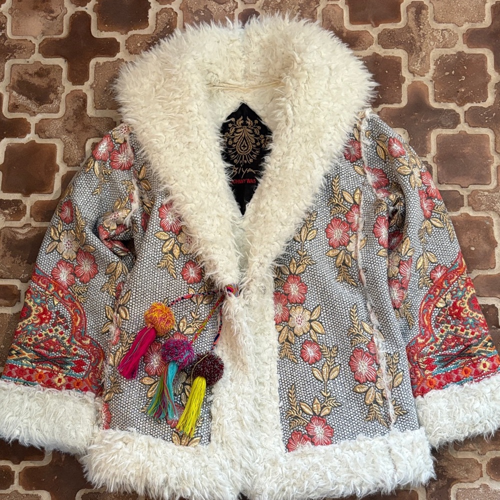 Johnny Was Boho Floral Jacket with Faux Fur Trim